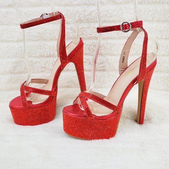 Bejeweled Pandora Bright Red Sparkling Rhinestone Platform 6.5" Heels Shoes - Picture 12 of 17